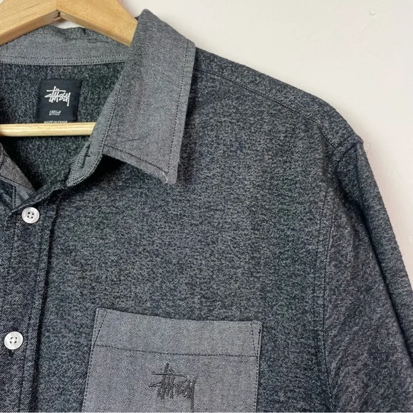 Stussy Men's Button Front Long Sleeve Textured Cotton Skater Shirt Size Large